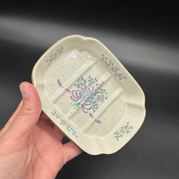 Vintage Floral Soap Dish Cottagecore 1980s Purple Blue Flowers Ceramic Romantic - Picture 5 of 8
